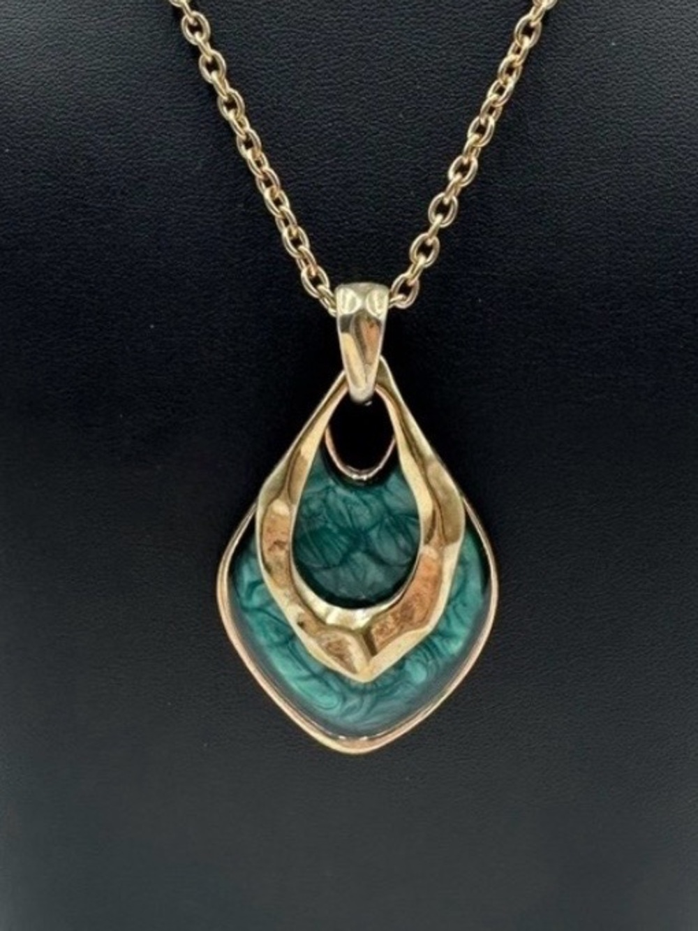 Vintage Inspired Teal Swirl Necklace Gold-Tone Statement Lucite/Acrylic Pendant